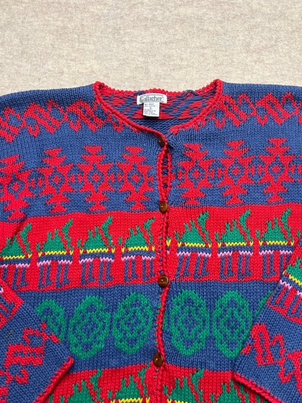 Vintage Gallagher Ramie Cotton Cardigan Holidays Knit Sweater Medium Pattern - Picture 2 of 8